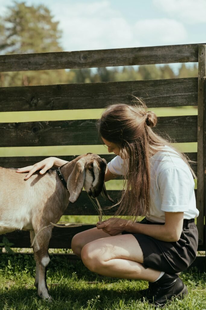 A young woman lovingly interacts with a goat in a sunny farmyard, embodying rural life.